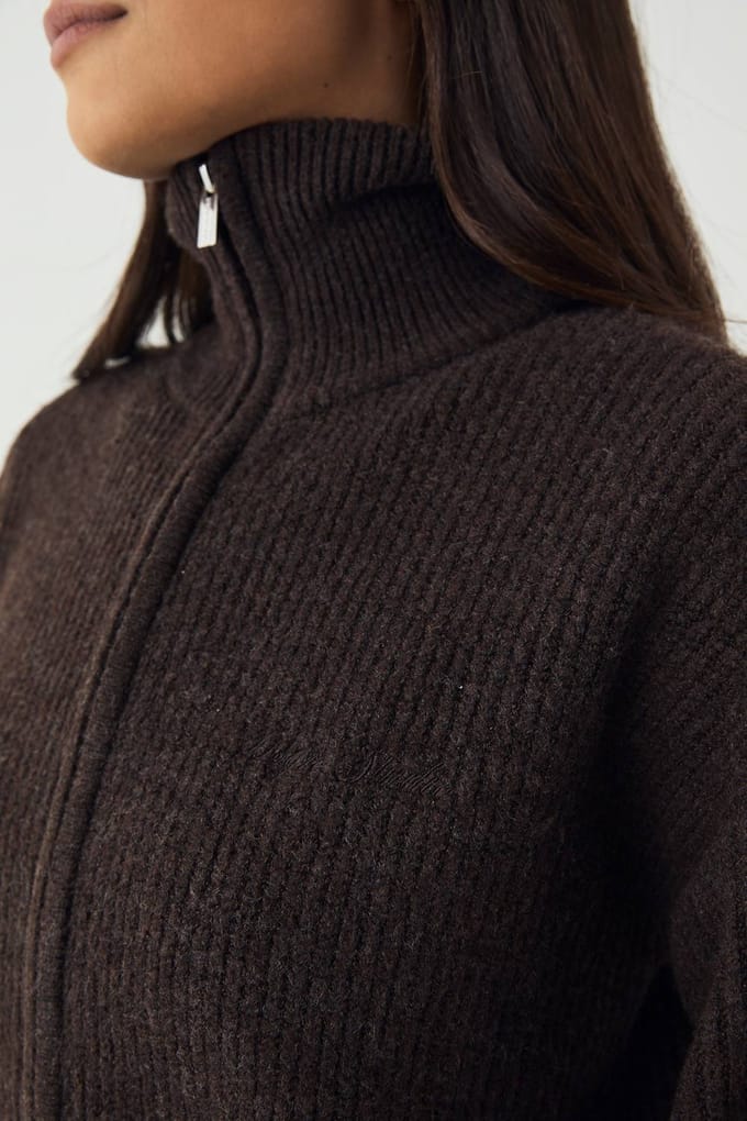 Dames DSGN Studio Dubbele Rits Gebreide Trui | Espresso | Maat: 2XL