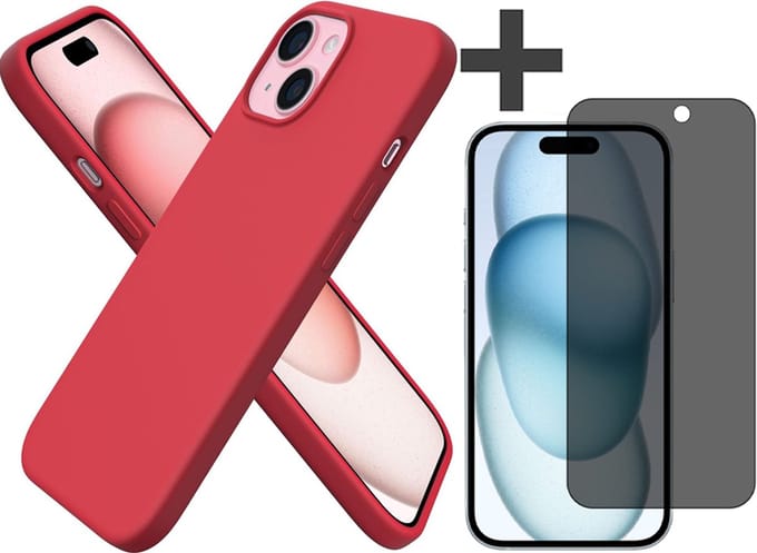 Hoesje met Privacy Screenprotector Geschikt voor iPhone 15 Plus Hoesje Siliconen - liquid case - Arara Backcover - Rood