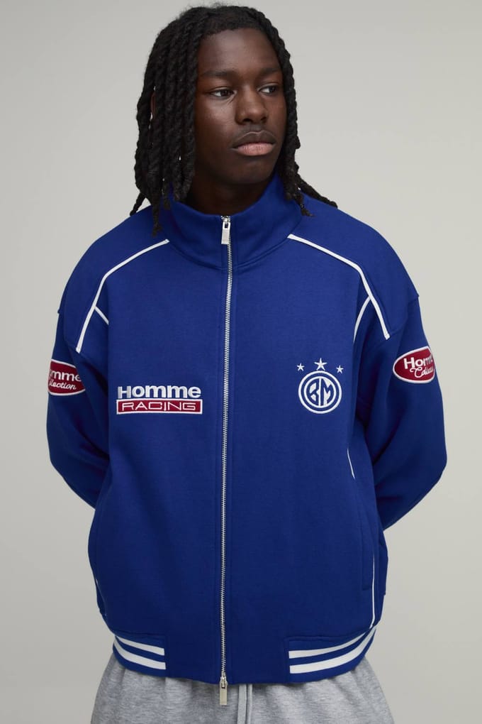 Boxy Fit Varsity Jack Met Opstaande Kraag En Contrastbies Homme | Cobalt | Size Medium