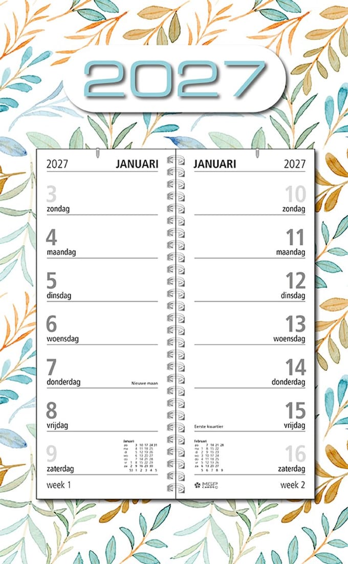 MGPcards - Omlegweekkalender 2027 - Week begint op zondag - 21 x 34 cm - Wit - Bladeren