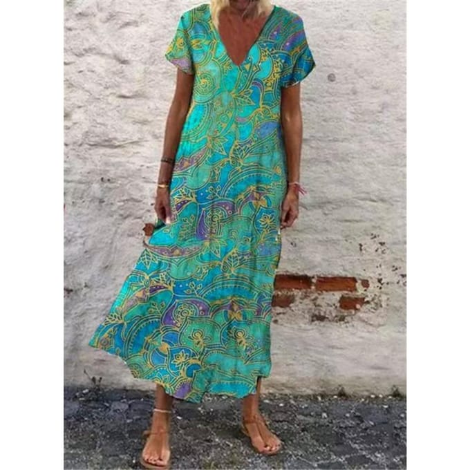 Dames Bloemen V-hals Korte Mouw Lange Jurk 5XL groen