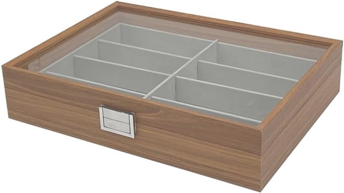 Houten brillenkoffer voor 8 brillen met groot kijkvenster van echt glas