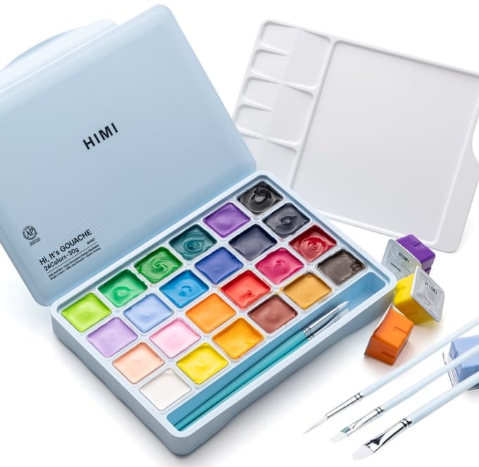 HIMI - Gouache - set van 24 kleuren - 30g - 3 penselen - Ice Blue Limited edition