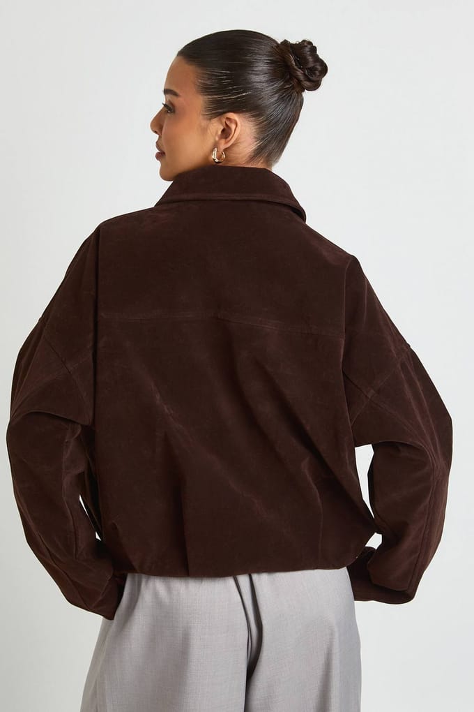 boohoo Dames Bomberjack van nep-suede met bubbelzoom | Chocoladebruin | Maat: 36
