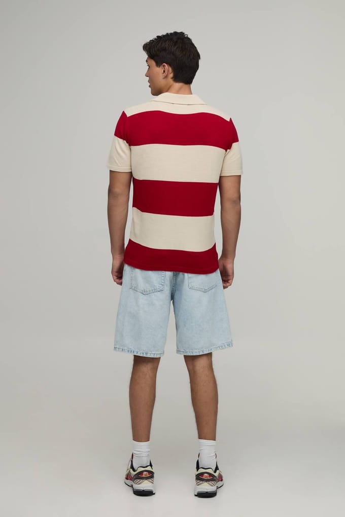 Regular Fit Revere Striped Knitted Polo T-Shirt | Red | Size Small