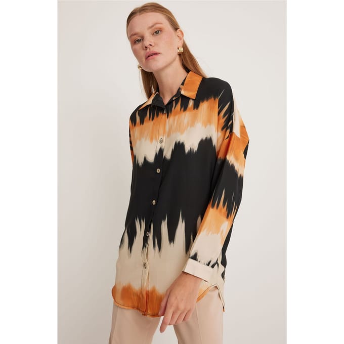 Oversized Abstract Weaving Lange Mouwen Shirt met Knopenluiting