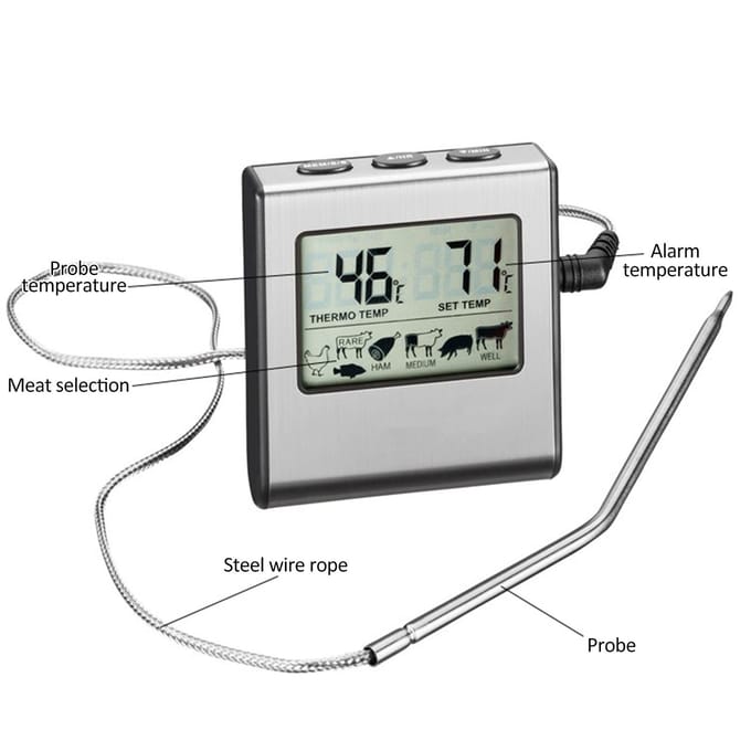 LCD Digitale Voedseltemperatuurmeter Koken Vleesthermometer met Temperatuursonde, Digitale Oven grijs