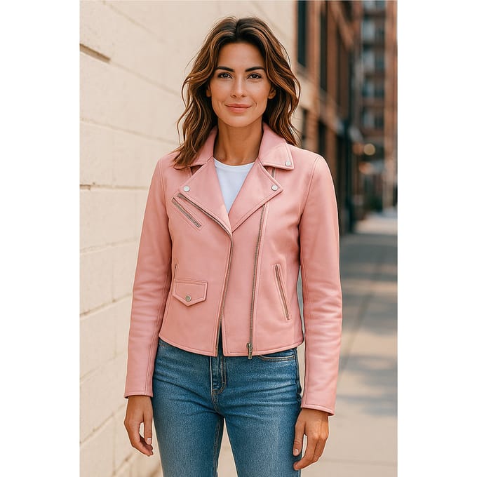 Dames Baby Roze Classic Brando Biker Leren Jas - Soweto