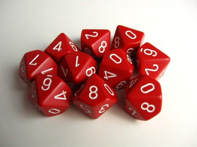Chessex Opaque Rood/wit D10 Dobbelsteenset (10 stuks)