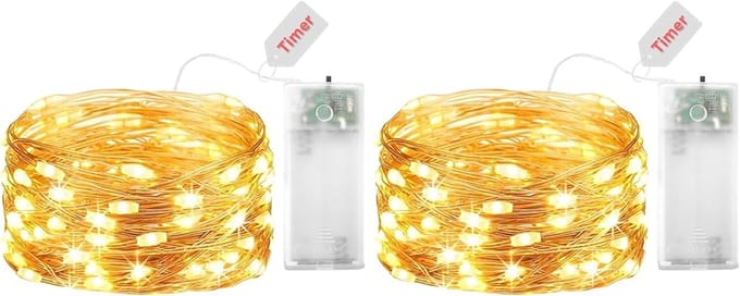 Set van 2 LED Sfeerverlichting met Batterij en Timer, 3M 30 LED Koperen Draad Lampjes voor Kerst, Halloween en Bruiloft Decoratie