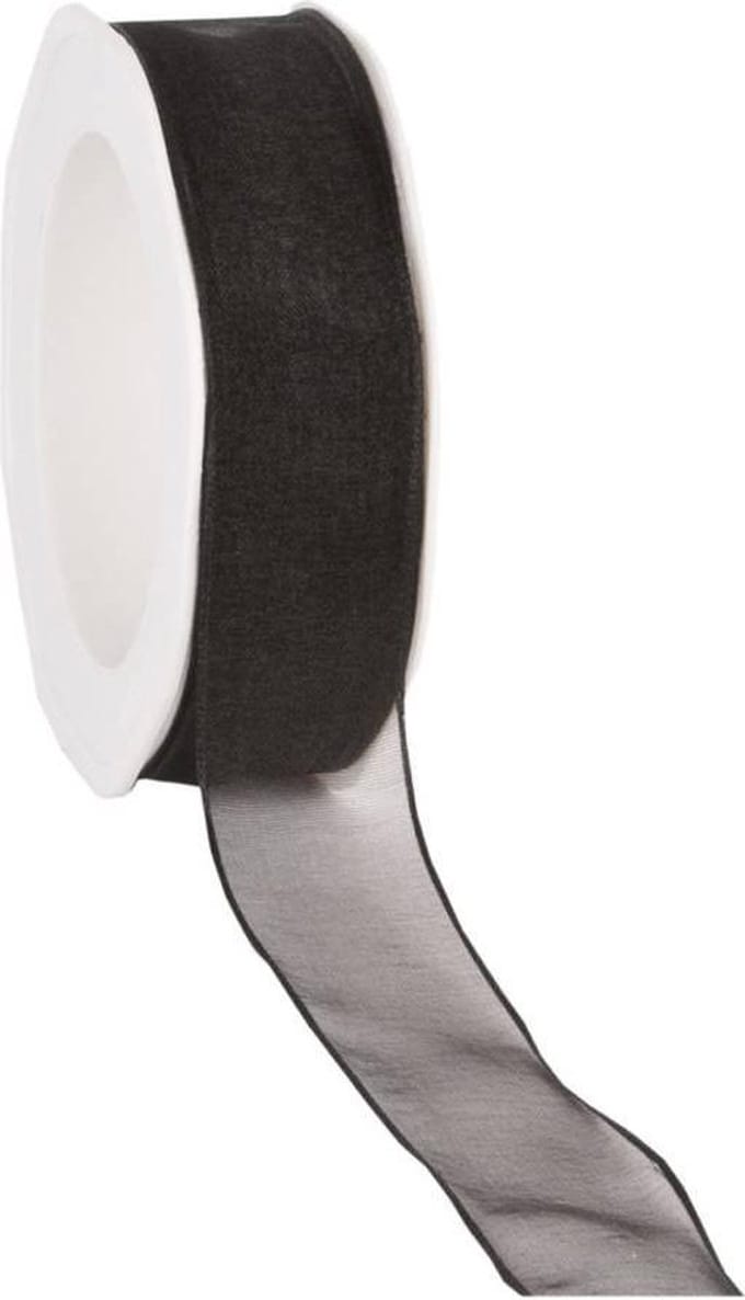 Wired organzalint Zwart – 25 mm × 20 m – Organza