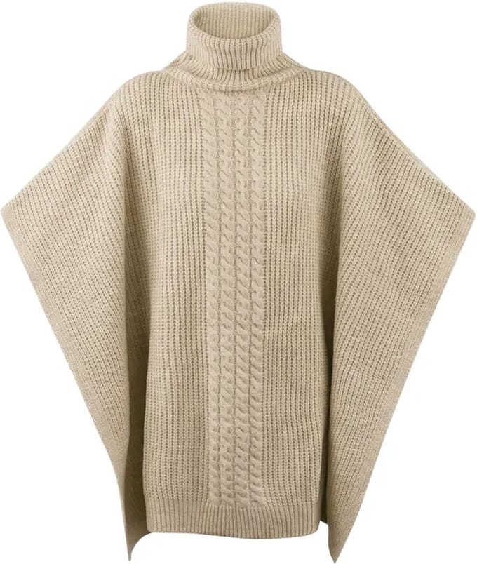 Poncho - Beige - Gebreid met kabel en hoge col - 100 x 68 cm