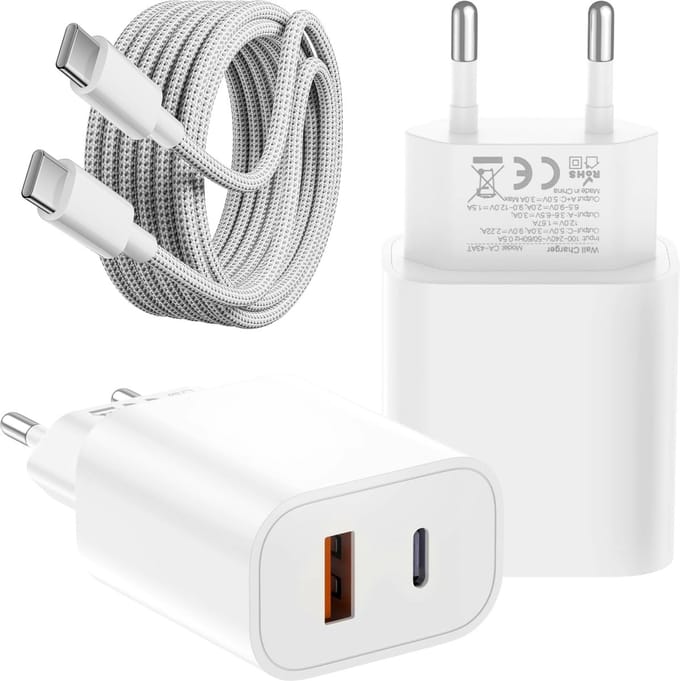 2-in-1 usb-C Power Adapter + usb-C naar usb-C Kabel - 3 Meter - Snellader usb-C + usb-A - 2 Poorten Oplader