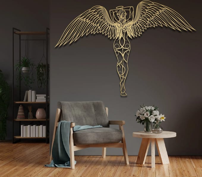 Metalen Wanddecoratie Engel – 3D Wandkunst – Goud/Zwart – 84 x 110 cm