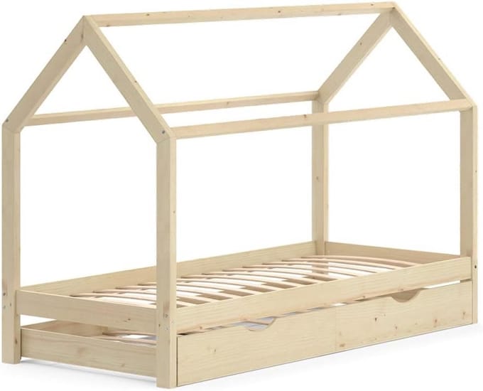 Huisbed met Logeerbed - Natuurlijk Hout, 90x200 cm