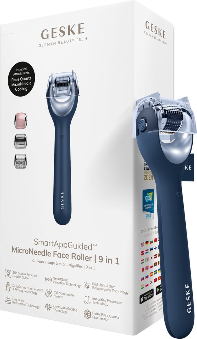 GESKE | SmartAppGuided™ MicroNeedle Face Roller | 9 in 1 | met rozenkwarts | Microneedling | Professioneel Microneedling-apparaat | Naaldroller | Schoonheidsrollergezicht | Micronaaldroller