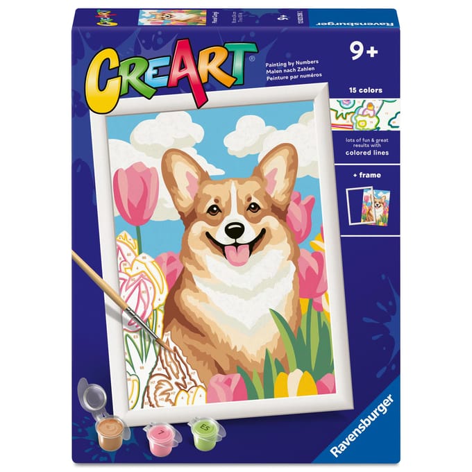 Ravensburger Creart schilderen op  nummer Corgi tussen de tulpen