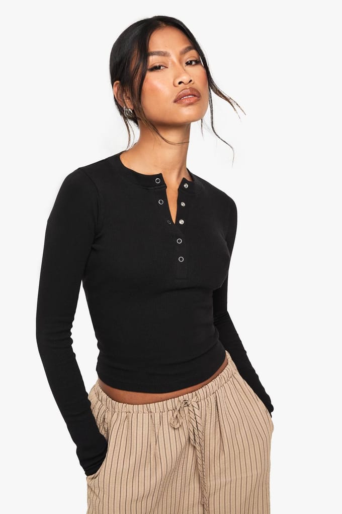 boohoo Dames Popper Front Rib Long Sleeve Top | Zwart | Maat: 40