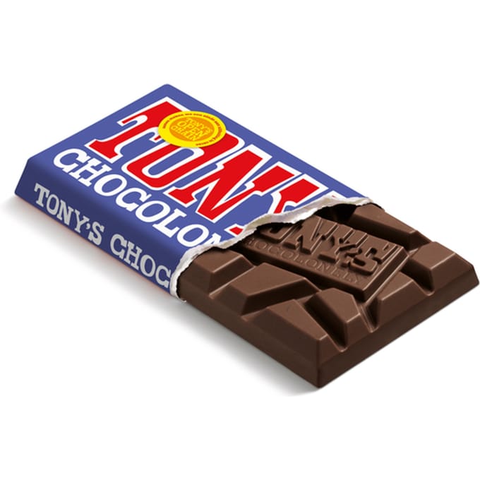 Chocolade Tony's Chocolonely donkere melk pretzel toffee reep 90 gram