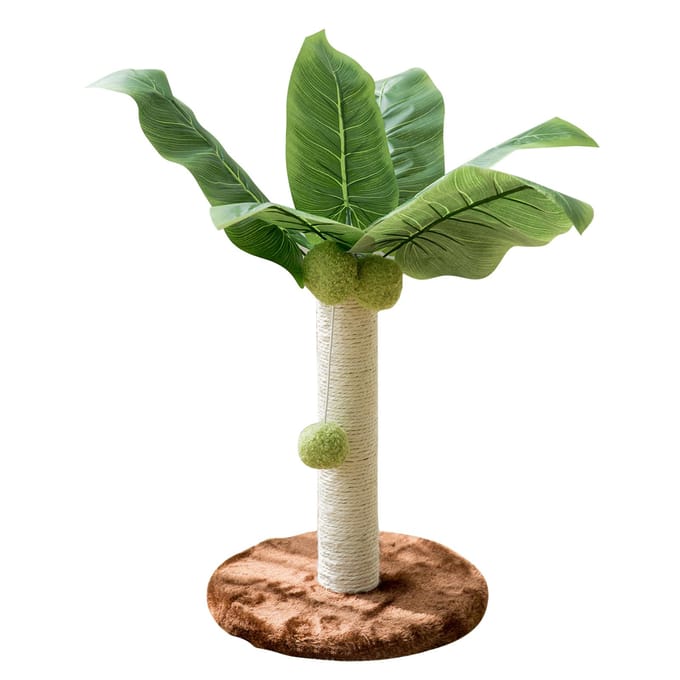 Arbre à chat 32 cm de haut, base 24 cm, boules suspendues, feuilles vertes, sisal et chanvre.
