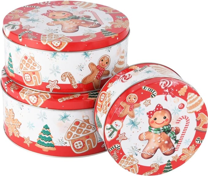 Dekoratief | Set 3 bewaardozen 'Cookies', rood/wit, metaal, 20x20x9cm | A255902
