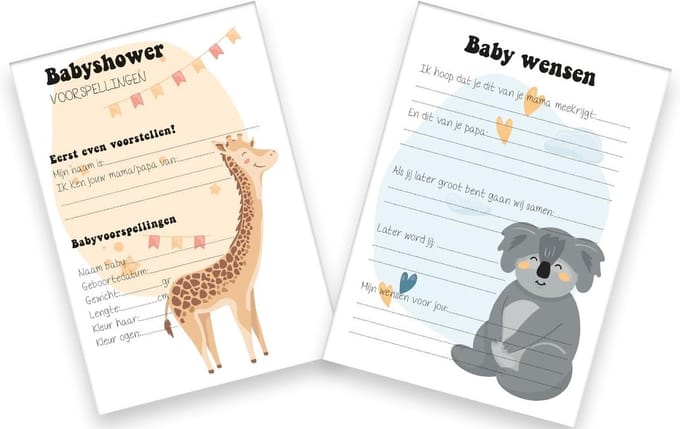 Babyshower Kaarten - Invulkaarten Spelletjes - Babyborrel Herinneringen - Enkelzijdig Bedrukt - A5 Formaat - Wit