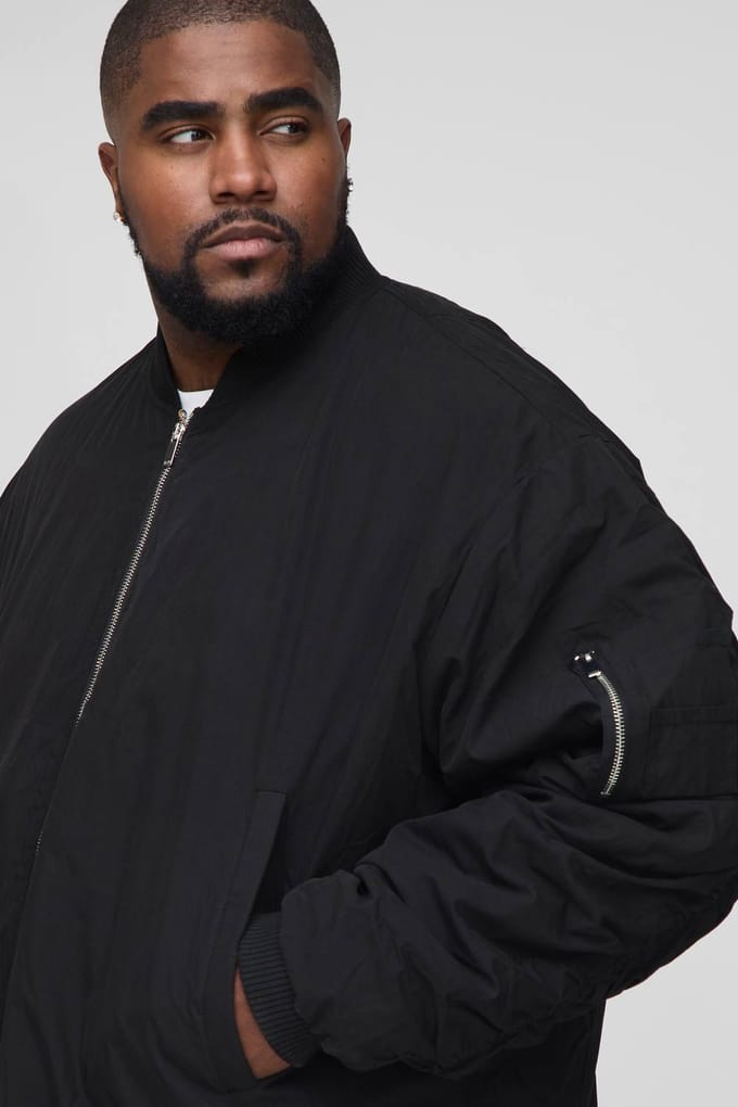 Plus Peached Embroidered MA1 Bomber Jacket | Black | Size 2XL