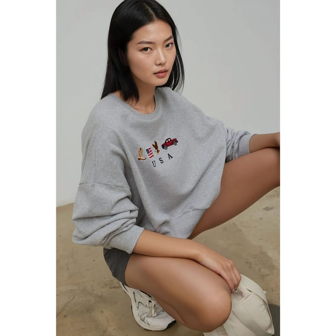 Geborduurd Crew Neck Katoenen Verhoogd Sweatshirt