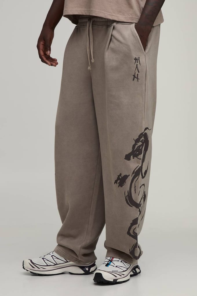 Joggingbroek Met Ballonpasvorm En Drakenprint Gewassen | Taupe | Size Medium