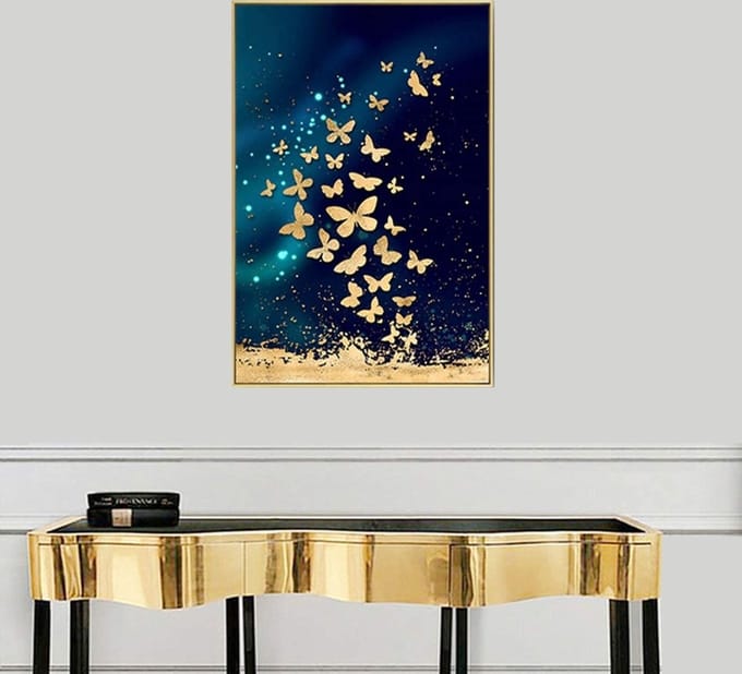 Allernieuwste Canvas Schilderij Vlinders Blauw Goud - Kunst - Modern - Poster - 50 x 70 cm - Kleur