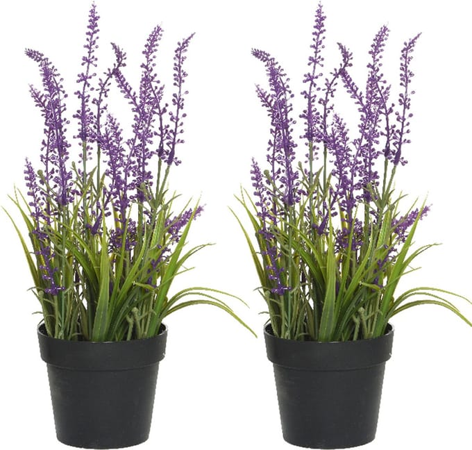Everlands Lavendel kunstplant in pot - 2x - fuchsia paars - D15 x H30 cm