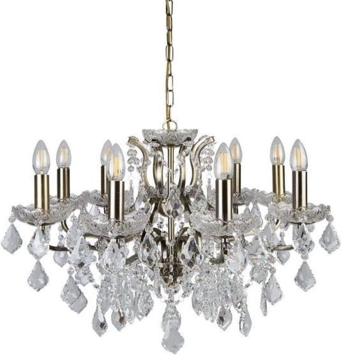 PARIS 8LT CHANDELIER, CLEAR CRYSTAL DROPS & TRIM, ANTIQUE BRASS