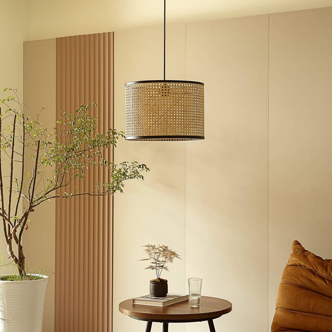Lindby - hanglamp - 1licht - Rotan - H: 28 cm - E27 - hel hout