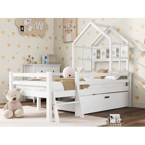 ModernLuxe Cabinebed 90x200cm - massief hout - met ladder + lades + valbeveiliging - Wit
