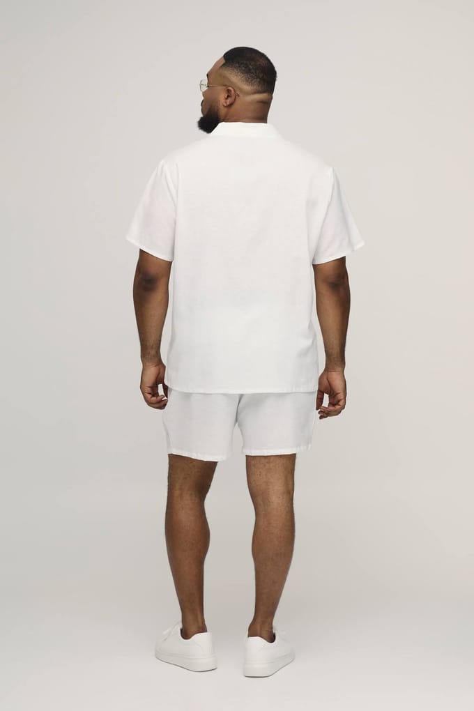 Plus Vakantie Linnen Mix Regular Overhemd & Relaxed Short Set | White | Size 4XL