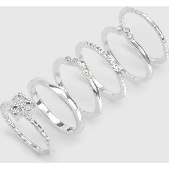 boohoo Dames Silver Diamante 6-Pack Ringen | Zilver