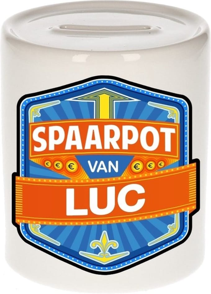 Bellatio Decorations Kinder spaarpot met naam - Luc - keramiek - met dop - wit - Sparen - Spaargeld van Luc