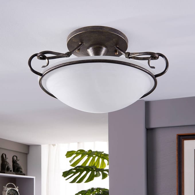 Lindby - plafondlamp - 3lichts - Metaal, glas - H: 25 cm - E27 - zilver antiek, wit albast