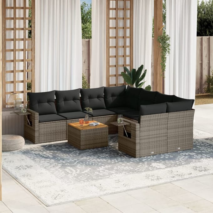 vidaXL - 9-delige - Loungeset - met - kussens - poly - rattan - grijs