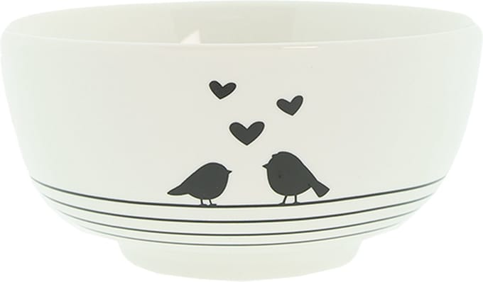 Clayre & Eef Soepkom 500 ml Wit Zwart Porselein Harten Vogels