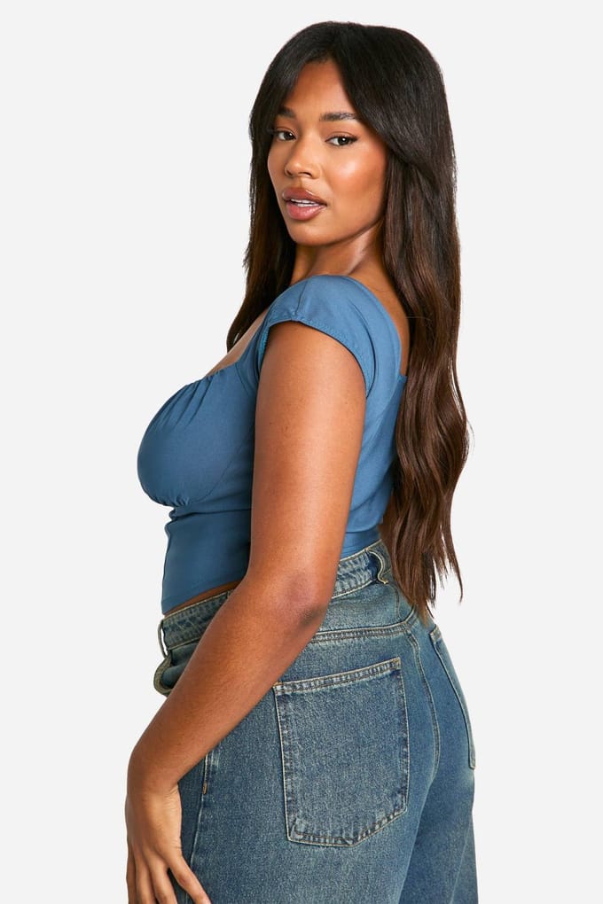 boohoo Dames Plus Geweven Stretch Geraffelde Corset Top met Cap Sleeve | Blauw | Maat: 56