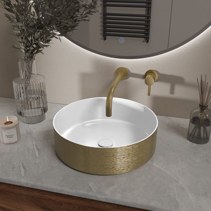 Wiesbaden Mondri Waskom Rond 36 x 36 x 12 cm - Glans Wit / Geborsteld Goud