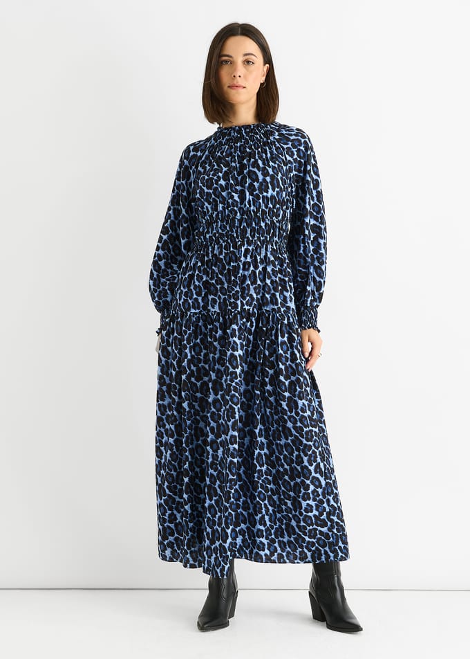 Blauwe Dierenprint Gerimpelde Hoge Necker Maxi-jurk