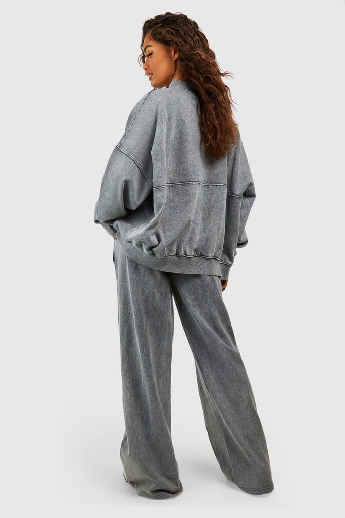 boohoo Dames Gewassen Zip-Through Bomber Straight Leg Trainingspak | Houtskool | Maat: Medium