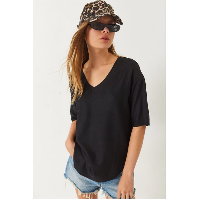 V-hals Gebreide Korte Mouwen T-shirt