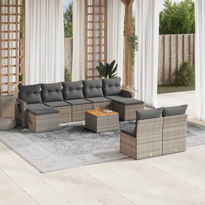 vidaXL - 10-delige - Loungeset - met - kussens - poly - rattan - grijs