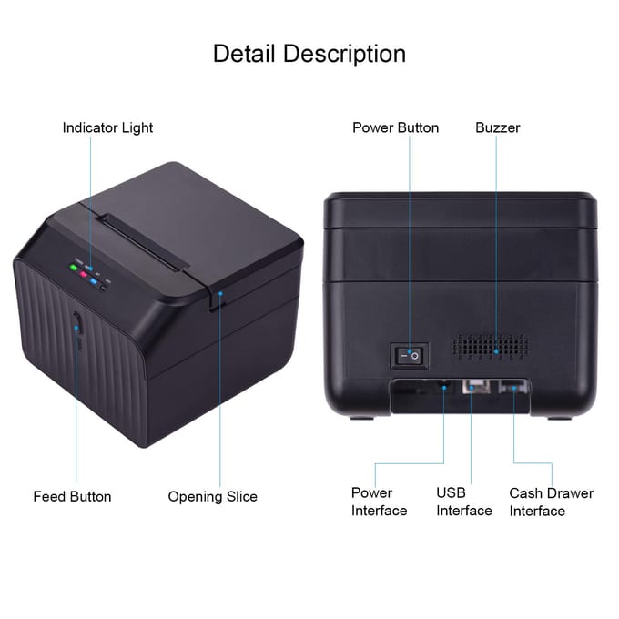 Aibecy Desktop 58mm Thermische Bonprinter Bekabelde Barcodeprinter USB-aansluiting met 2 Rollen Papier US Plug with Biuetooth zwart