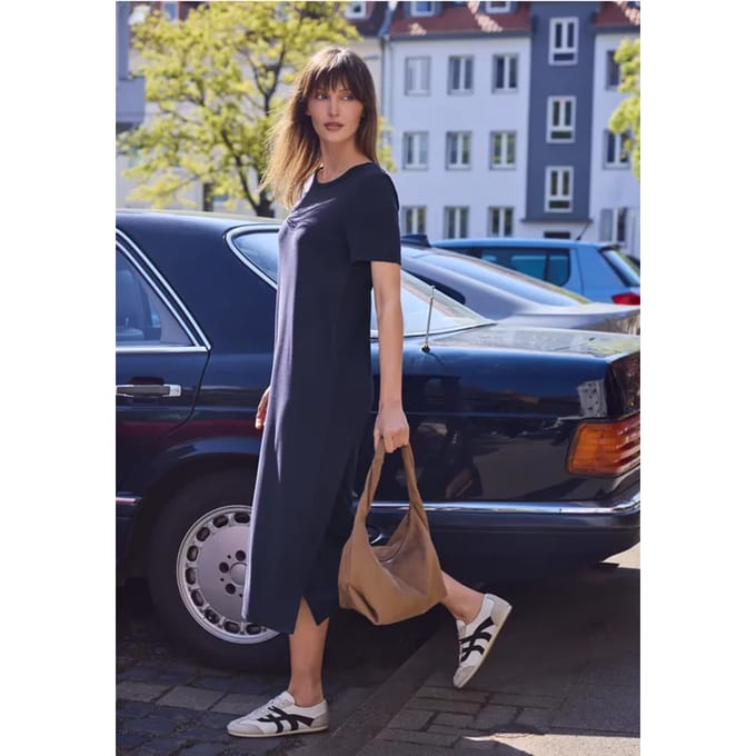 Jersey midi-jurk met pofmouwen