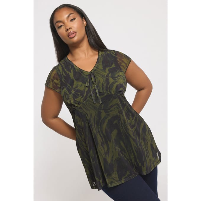 Yours Groene Swirl Print Mesh Top Size 50-52