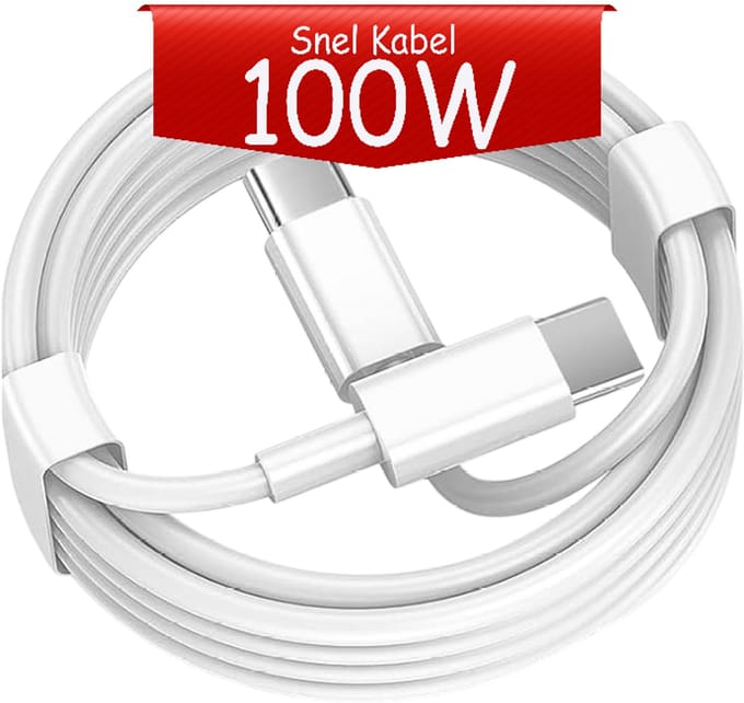 USB C naar USB C kabel - 100W Snellader - 2 Meter Oplaadkabel 1x - USB-C Oplader Snel Kabel - Wit